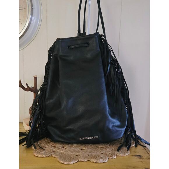 Victoria's Secret Black Ladies Drawstring Faux Leather Backpack - Picture 2 of 7